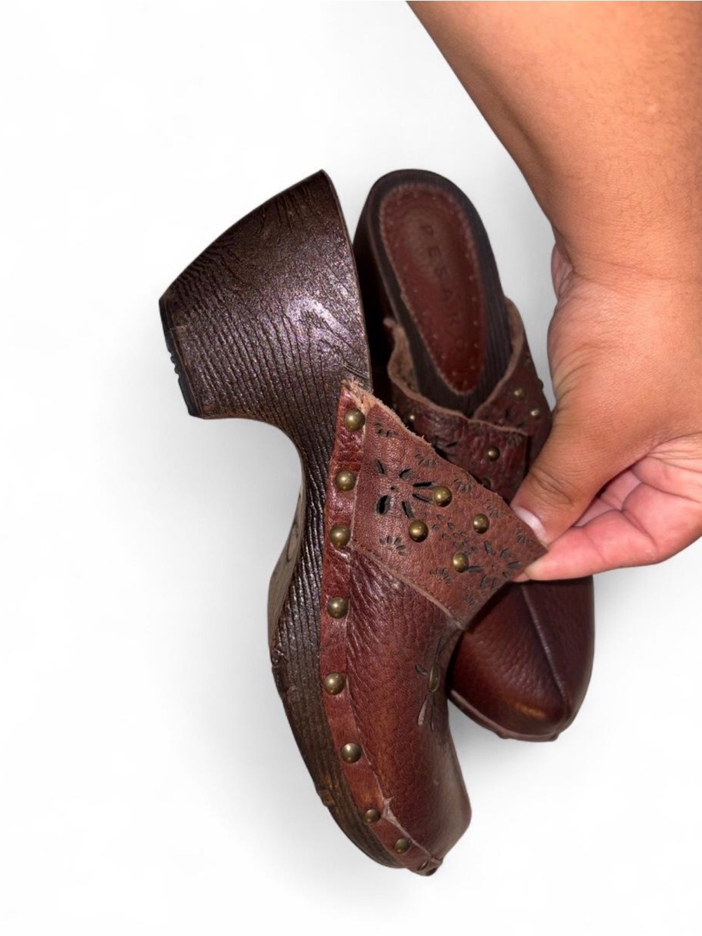 Vintage Pesaro Brown Studded Leather Clog Mules